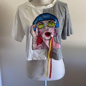 Women's One Face Printed Sweater Casual Blouse Short Sleeve Round Neck Loose Top